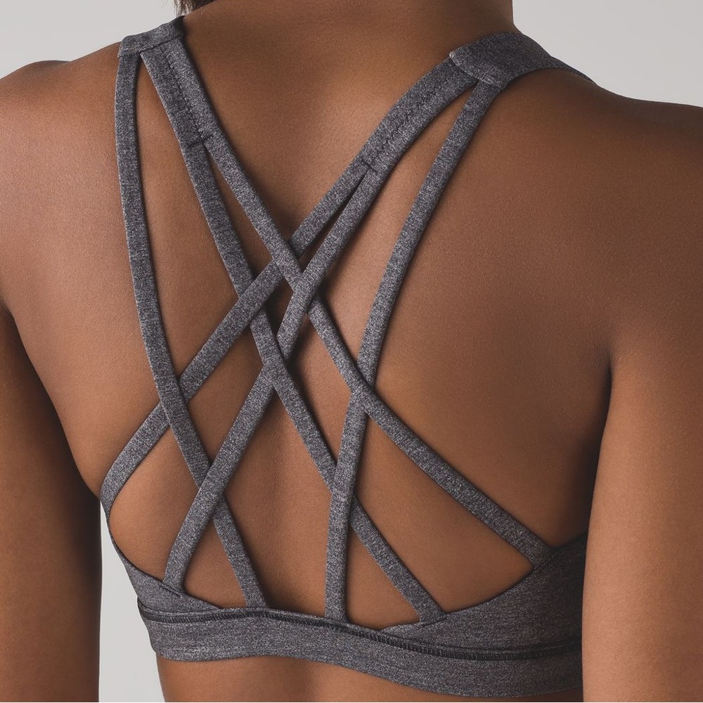 LULULEMON Free To Be Serene Athletic Strappy Sports Bra Heathered Black Grey 6 - Picture 1 of 7